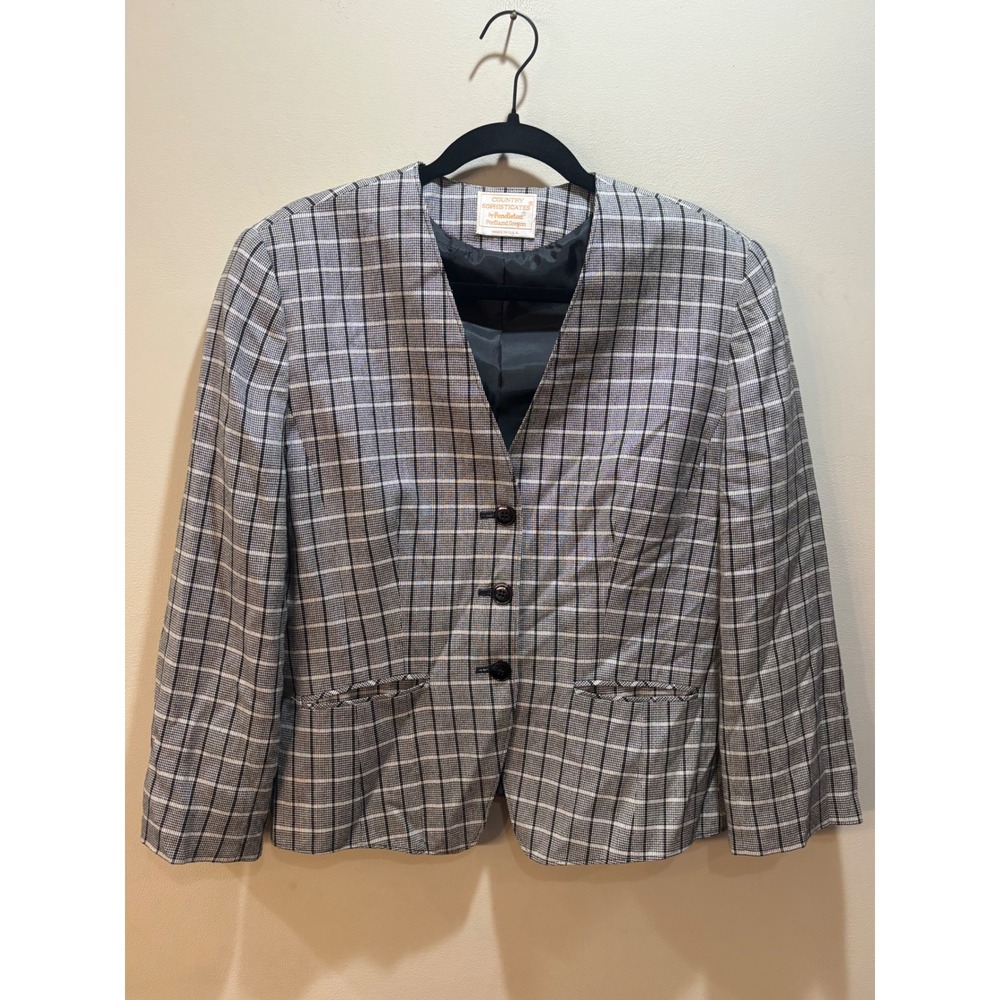 Pendleton Country Sophisticates Women's Black White Plaid Blazer Jacket Size 14